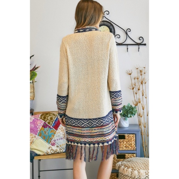 SOLD OUT Ivory Bohemian Tribal Aztec Print Fringe Open Front Cardigan Knit - Picture 6 of 6